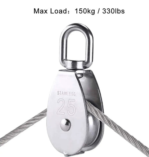 Heavy Duty Stainless Steel M25 Single Pulley Block Set With Spring Snap Hook For Lifting And Rigging, One Inch Sheave Pulley Wheel, Swivel Snatch Pulley Block, 330 Lbs Load Capacity, Anti Rust And Wear Resistant, 2 Pack, stainless steel pulley block with 330 lbs max load