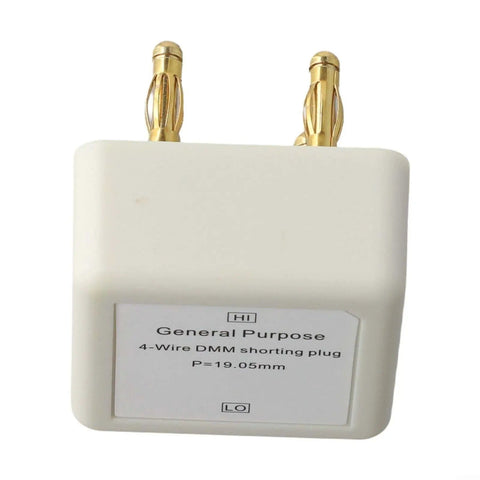 4 Wire DMM Short Socket Verification Tool with gold plated banana connectors on white cube for 2 wire to 4 wire multimeter calibration
