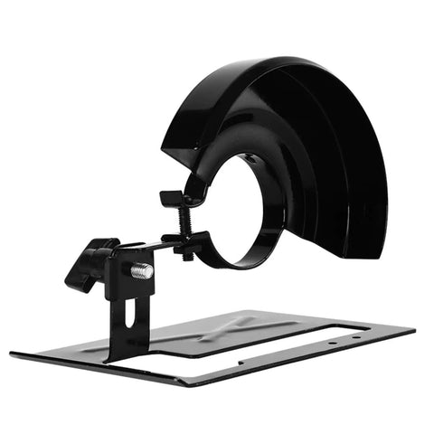 Keep Nasty Sparks Safe While You Work With This Rugged Adjustable Angle Grinder Holder Stand Featuring Heavy Duty Steel Debris Protection For 100 Mm Tools Your Shop Will Love, showing black steel guard and clamp for angle grinder.