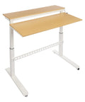 Heavy Duty Dual Tier Standing Desk With Smooth Crank Lift Tough Locking Wheels And Roomy Carbon Steel Desktop For Home Office, white frame with wooden tops.