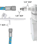 Six Foot Nylon Braided Air Hose With One Eighth Inch To One Quarter Inch Adapter For Iwata Master Devilbiss And Other Airbrushes, Kink Free Standard Fittings, Universal Compatibility, Durable Heavy Duty Nylon Line showing connectors and airbrush connection.