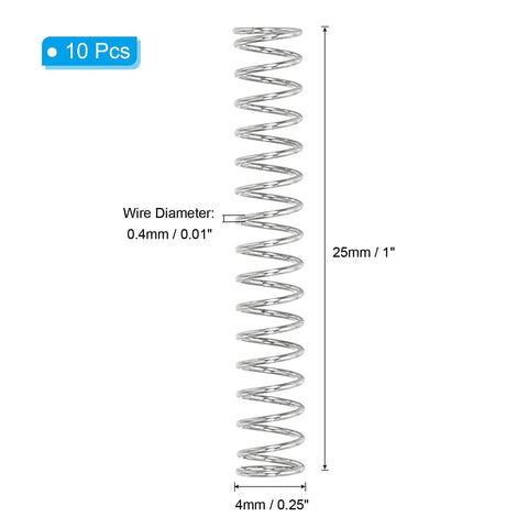 DIY Ready Handy Compression Spring Set 0.4mm Wire Diameter 4mm Outer Diameter 25mm Length 10 Pack 304 Stainless Steel diagram