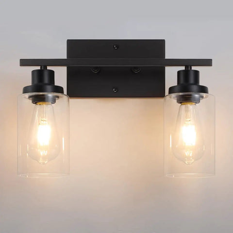 Modern Black Vanity Light With Clear Glass Shade, 2 Light Dimmable Wall Mount Fixture For Bathroom, Hallway Or Bedroom