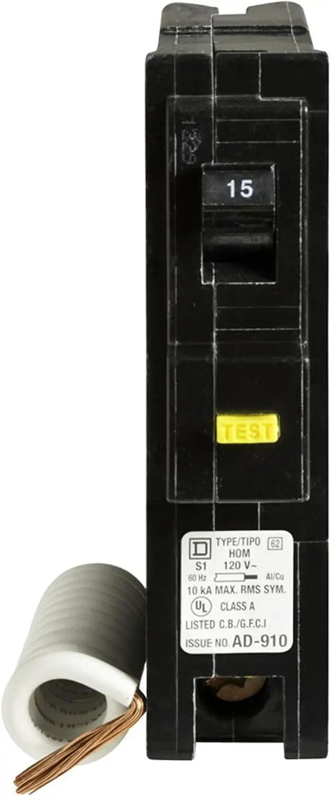 Front view of Homeline 1 Pole 15 Amp GFCI Circuit Breaker 120 Volt Model HOM115GFICP for home electrical panels with test button