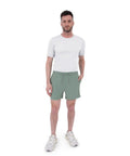 Man wearing 2 In 1 Running Shorts With Built In Liner For Men, 5 Inch Inseam, Woven Stretch Quick Dry Fabric, Hedge Green