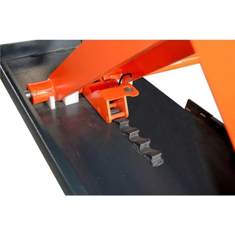 Close-up of Smooth Operator Mobile Mid Rise Scissor Lift featuring electric release and mechanical components for support.