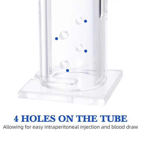 Acrylic Mouse Restrainer With Adjustable Sliding Plugs For Keeping 15 To 35 Gram Rodents Locked In During Procedures With No Fuss, showing four holes for injections.