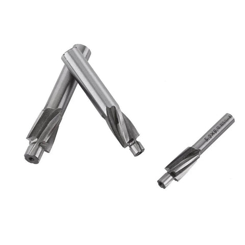 5-piece set of HSS counterbore drill bits with 4-flute straight end mills in silver metal, front view.