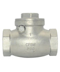 Front view of 1-inch stainless steel CF8M swing check valve with female NPT ends.