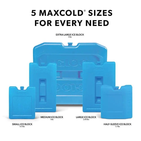 Maxcold Ice Block Four Pack Reusable Freezable Gel Cooling Blocks shown in various sizes for lunches and meal prep.