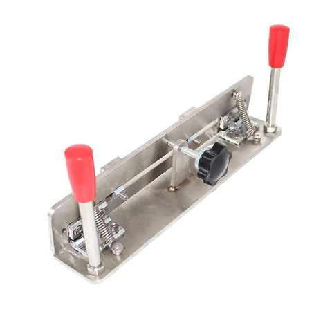 Pro Grade Knife Sharpening Jig For Belt Grinders And Sander, stainless steel, dual arm grips, top view with red handles