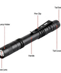 Pocket Size LED Pen Light Flashlight 10 Pack Q5 LED Mini Clip Lights Ultra Bright For EDC Camping And DIY Portable Pen Torch With Clip Powered By AAA Batteries Not Included, showing labeled flashlight features.