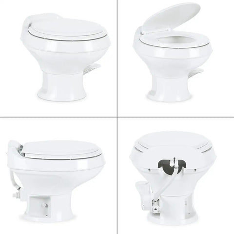Low Profile RV Toilet With Residential Style Seat Gravity Flush Triple Jet Bowl Rinse Ultra Lightweight Polypropylene easy install