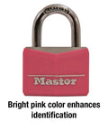 Pink Covered Aluminum Keyed Padlock With Steel Shackle For Gym Or School Lockers One And Nine Sixteenth Inch Lock Body front view