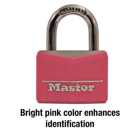 Pink Covered Aluminum Keyed Padlock With Steel Shackle For Gym Or School Lockers One And Nine Sixteenth Inch Lock Body front view