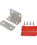 Components of Ultra Slim Stainless Steel Magnetic Door Catch With Ultra Strong Hold for cabinets, including screws and adhesive strips.