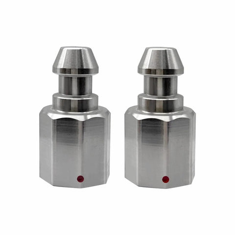 2-pack RTK GPS quick-release adapters for Trimble prism poles; silver metal, front view