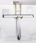 Over Door Shower Hooks 304 Stainless Steel Towel Hangers No Drill Bathroom Hanger For Frameless Doors Up To Half Inch Thick Gold Finish 2 Pack With Rubberized Protective Grips holding a shower squeegee on glass door.