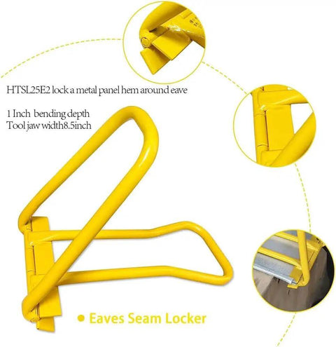 Eaves Seam Locker HTSL25E2 edge folding tool for standing seam metal roofs, yellow with 1-inch bending depth and 8.5-inch jaw width.