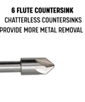 3/8 Inch 90 Degree High Speed Steel Chatterless Countersink Featuring Six Precision Flutes with round shank for metalwork.