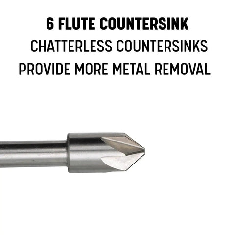 3/8 Inch 90 Degree High Speed Steel Chatterless Countersink Featuring Six Precision Flutes with round shank for metalwork.