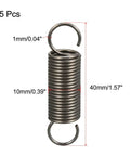 Front view of five spring-steel tension springs with dual hooks; 0.04 in wire, 0.39 in outer diameter, 1.57 in free length.