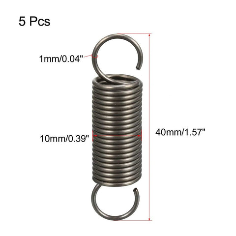 Front view of five spring-steel tension springs with dual hooks; 0.04 in wire, 0.39 in outer diameter, 1.57 in free length.