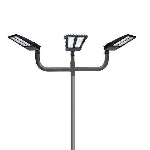 Triple Bullhorn Bracket With Three In Line Tenon Arms For LED Parking Lot Lights With Slip Fitter Mount In Dark Bronze Finish For Outdoor Pole Lighting