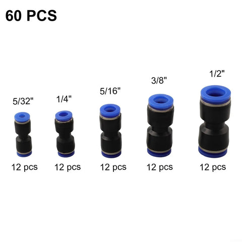 Top Flight 60 Piece Pneumatic Push Fitting Kit Assortment With 4mm To 12mm Quick Connect Straight Adapters For Air Compressors And DIY Plumbing Projects To Get The Job Done Fast Without Any Hassle, 60-piece black plastic fittings