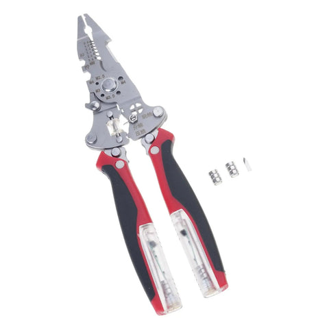 Heavy Duty Foldable Wire Strippers 16 In 1 Electrician Pliers Multifunction Cable Cutter Crimper with red ergo grip handles.