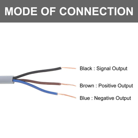 Mode of connection for Two Pack PL-05N Inductive Proximity Sensor Switch with labeled black, brown, and blue wires.