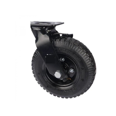 Top Shelf 8 Inch Pneumatic Rubber Wheel Featuring Heavy Duty Steel Hub And Secure Side Brake Lever side view with mounting plate