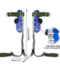 Adjustable Tree Climbing Spikes Kit With Dope Non Slip Pedal And Stainless Steel Gear for easy tree climbing two gear levels includes waist belt back strap foot straps ankle straps and gloves for fruit picking and outdoor work, showing adjustable height and size dimensions, green straps and stainless steel spikes.