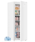 Slick 6.5 Cubic Foot Upright Freezer In Clean White with see-through door storing frozen foods, compact design for small spaces.