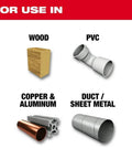 Milwaukee Thunderbolt black oxide drill bit set; four materials shown: wood, PVC, copper & aluminum, duct/sheet metal