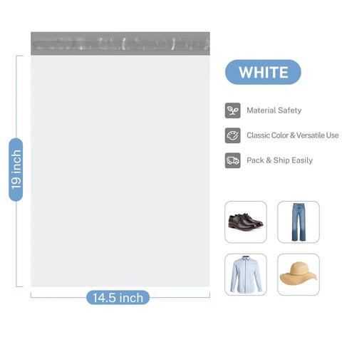 Image of White Poly Mailers 14.5 By 19 Inches, 100 Pack Self Seal Shipping Envelopes with dimensions and usage icons.