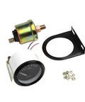 2-inch oil pressure gauge with white dial and black bezel, includes sensor, wiring, mounting bracket, and mounting ring.