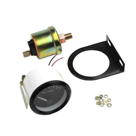 2-inch oil pressure gauge with white dial and black bezel, includes sensor, wiring, mounting bracket, and mounting ring.