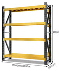 Rock Solid 4 Tier Storage Rack Heavy Duty Black Steel Welded Shelves Handles 400 Pounds Per Level Height Adjustable Boltless Construction showing yellow shelves and dimensions.