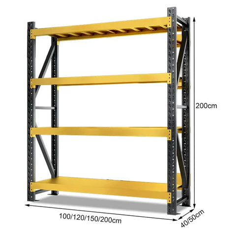 Rock Solid 4 Tier Storage Rack Heavy Duty Black Steel Welded Shelves Handles 400 Pounds Per Level Height Adjustable Boltless Construction showing yellow shelves and dimensions.