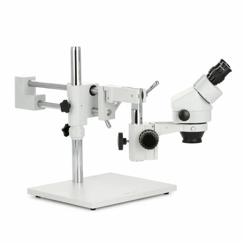 Industrial Stereo Boom Microscope With Fluorescent Ring Light And Beefy Working Distance, Binocular 10x Eyepieces, zoom head on boom stand