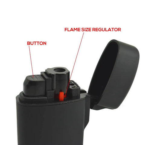 Mini Jet Torch Lighter Windproof Refillable Butane Pocket Sized Lighter with open cap and flame size regulator.
