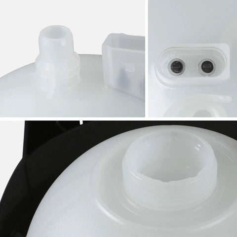 Close-up of Aftermarket Coolant Reservoir Tank With Cap And Sensor features, showing connection ports and sturdy resin design.