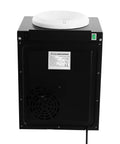 Back view of Compact 5 Gallon Countertop Water Dispenser with power cord and label details, black design