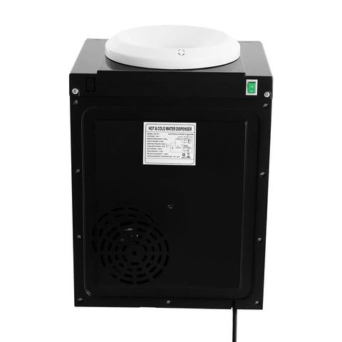 Back view of Compact 5 Gallon Countertop Water Dispenser with power cord and label details, black design
