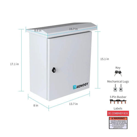 Straight Up Heavy Duty Five String Solar Pv Combiner Box With Built In Din Rail And Circuit Breaker For Off Grid Arrays, dimensions shown.