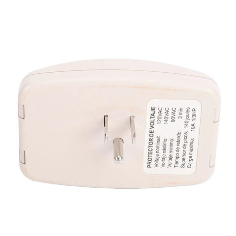 Top Shelf Single Outlet Surge Protector With No Sweat Voltage Defense For Heavy Duty Home Appliances Like Air Conditioners Freezers Ice Makers Washing Machines US Plug Smooth Delay Tech back view showing plug and specifications.