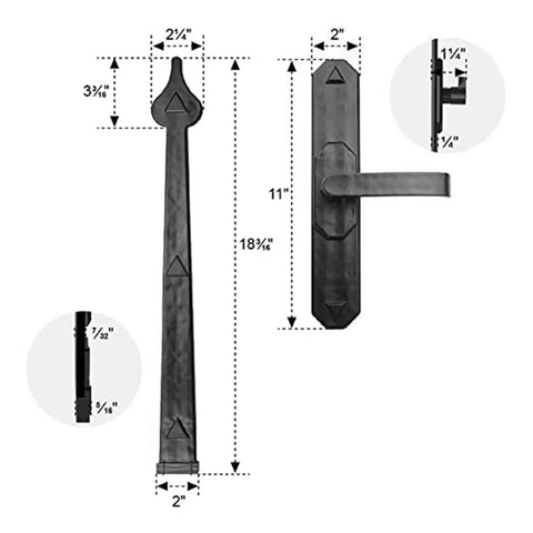 Heavy Duty Magnetic Garage Door Hardware Kit 6 Piece Steel Set with barn-style pull handles dimensions illustration.