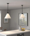 Wide 15.88 Inch Pendant Light With Glass Shade In Blackened Bronze And White Milk Finish Modern Entryway And Kitchen Fixture