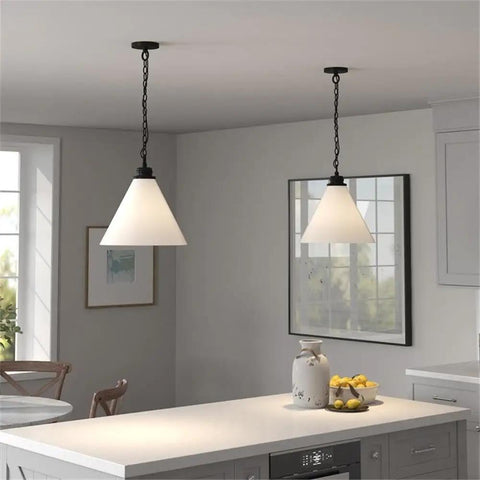 Wide 15.88 Inch Pendant Light With Glass Shade In Blackened Bronze And White Milk Finish Modern Entryway And Kitchen Fixture